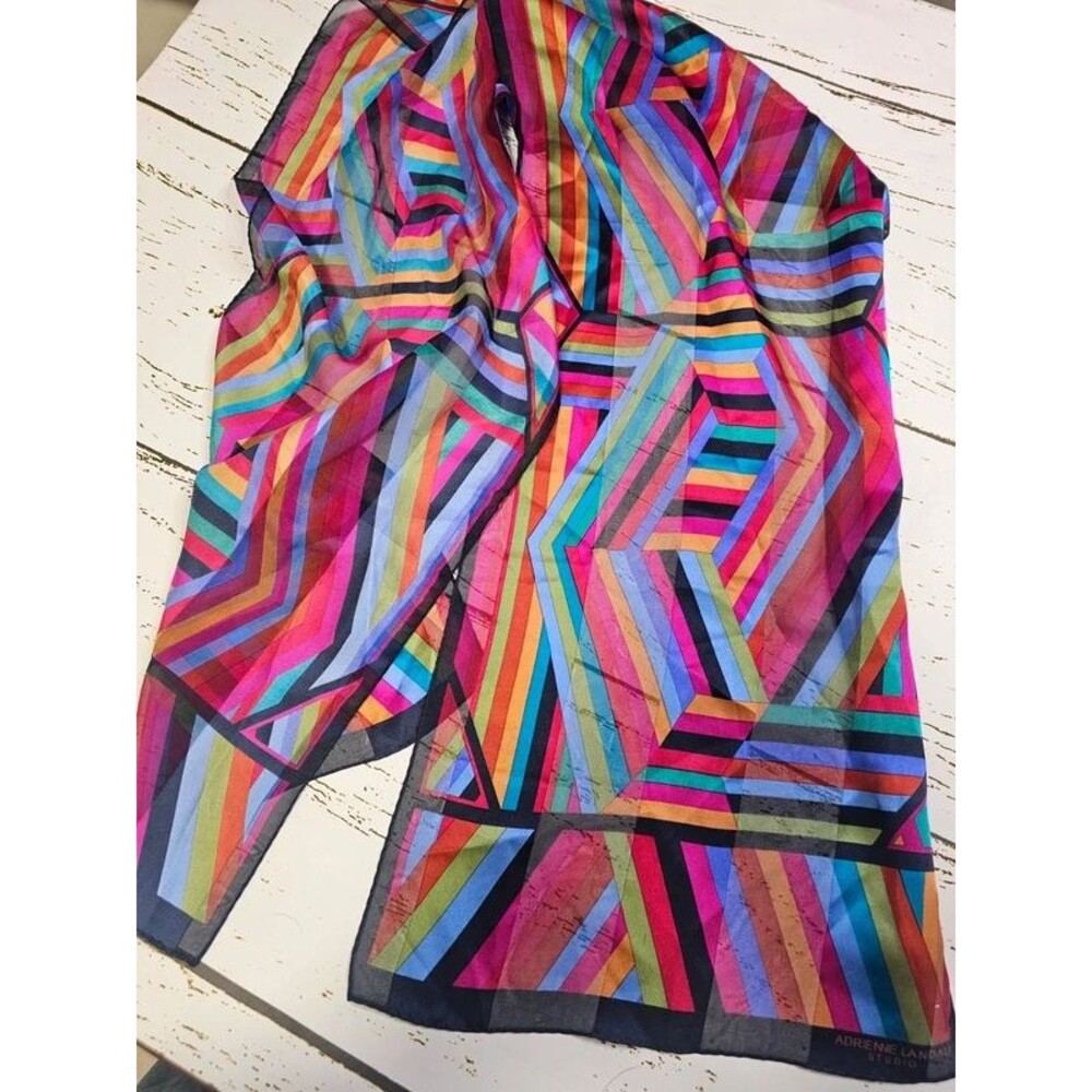 Vintage Adrienne Landau Studio Scarf 90s Rainbow Geometric Op Art Sheer Long